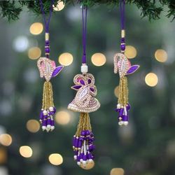 Purple Glamour,'3 Cotton Beaded Christmas Ornaments with Floral Leaf Motif'