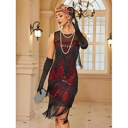 Anni Ruggenti Anni 1920 Lunghezza al ginocchio Abito Flapper Senza maniche Il grande Gatsby Paillettes Frange Scollo Tondo Costume Per donna Natale Carnevale speakeasy Mascherata Festa a tema retrò