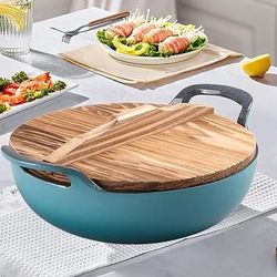 casseruola in ghisa, robusta pentola per zuppa domestica, elettrodomestici da cucina universali con coperchio in legno, piano cottura a induzione per la casa