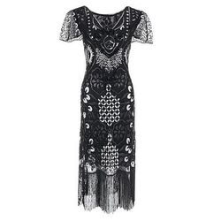 Anni Ruggenti Anni 1920 Midi Abito Flapper Maniche corte Il grande Gatsby Ragazza Flapper Paillettes Frange Tubino Colonna Scollo a V Costume Per donna Natale Carnevale speakeasy Mascherata Festa a