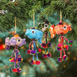 Festive Fish,'4 Cotton Blend Beaded Fish Christmas Ornaments with Pompoms'