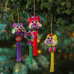 Owl Veils,'Thai-Inspired Owl-Themed 4-Piece Cotton Blend Ornament Set'