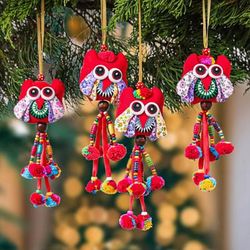 Fire Owls,'Red-Palette Owl-Themed 4-Piece Cotton Blend Ornament Set'