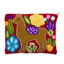 'Llama-Themed Embroidered Wool Clutch Bag in Honey'