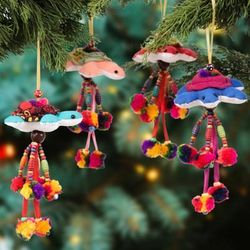 '4 Turtle-Themed Cotton Blend Ornaments with Pompoms Bells'