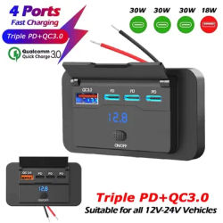 108W 4 Ports 12V RV USB Outlet 90W PD and QC 3.0 18W Port Car Charger Socket Accessories with Switch voltage for Car Bus RV