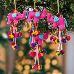 'Elephant-Themed 4-Piece Cotton Blend Ornament Set in Pink'