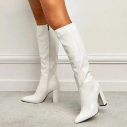 Mode femmes bottes de haute qualité genou haute moto bottes Sexy bout pointu talons carrés longue fermeture éclair femme Botas Mujer Largas