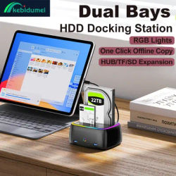 One Click Offline Copy Hard Drive Docking Station USB3.0 5Gbps Dual-bay HDD Enclosure RGB Lights Effect 2.5/3.5 Inch HDD/SSD Box