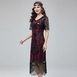 Anni Ruggenti Anni 1920 Lunghezza al ginocchio Lunghezza corta Abito Flapper Manica illusione Maniche corte Il grande Gatsby Invitato al matrimonio Paillettes Paillettes Scollo a V Costume Per donna