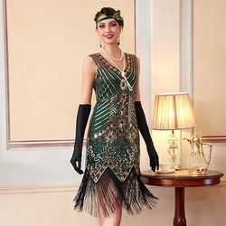 Anni Ruggenti Anni 1920 Lunghezza al ginocchio Abito Flapper Senza maniche Il grande Gatsby Paillettes Frange Scollo a V Costume Per donna Natale Carnevale speakeasy Mascherata Festa a tema retrò