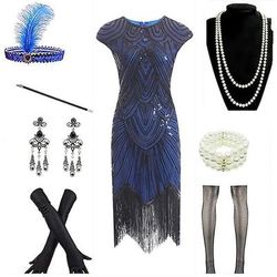 Set Anni Ruggenti Anni 1920 Lunghezza al ginocchio Vestito Abito Flapper Abiti con accessori Cortissima Il grande Gatsby Invitato al matrimonio Frangia con nappe Scollo a V Scollo Tondo Costume Per