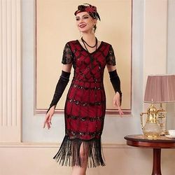 Anni Ruggenti Anni 1920 Lunghezza al ginocchio Abito Flapper Maniche corte Il grande Gatsby Paillettes Frange Scollo a V Costume Per donna Natale Carnevale speakeasy Mascherata Festa a tema retrò
