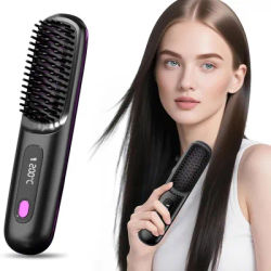Hair Straightener Brush with LCD Display Cordless USB Charging Straightener Portable Mini Straightening Brush for Home Travel