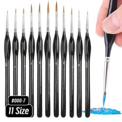 11 Size 00000-7 Fine Black Tip Paint Brush Set for Acrylic Models Mini Miniature Detail Nylon Hair Thin Extra Fine Paintbrushes