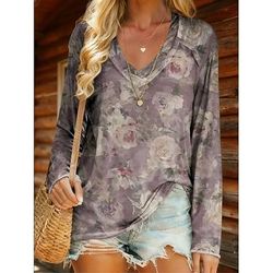 Per donna Maglietta Floreale Grafico Piante Elegante Bohemien Vintage Manica Lunga Scollo a V Top Regolari Quotidiano Uscire Weekend Stampato Blu Verde chiaro Blu turchese Viola Verde Primavera