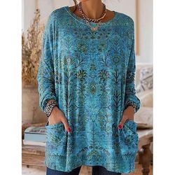 Per donna Maglietta Floreale Grafico Piante Vintage Moda Elegante Manica Lunga Girocollo Top Regolari Quotidiano Uscire Weekend Tasca Stampato Blu Rosso Viola Verde Cachi Primavera Autunno Inverno