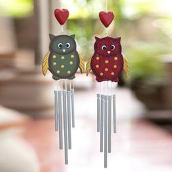 'Pair of Owl-Shaped Hand-Carved and Painted Wood Wind Chimes'