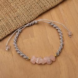 'Gold-Accented Rose Quartz Rainbow Moonstone Macrame Bracelet'