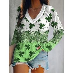 Festa di San Patrizio Per donna Maglietta Grafico Piante Elegante Classico Casual Manica Lunga Scollo a V Top Regolari Quotidiano Uscire Weekend Stampato Bianco Verde scuro Verde Estate Primavera