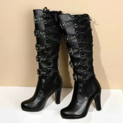 Rivets boucle de ceinture épais talons hauts mi-mollet bottes femmes automne printemps chaussures longues croisées femme rétro boucle de ceinture bottes hautes