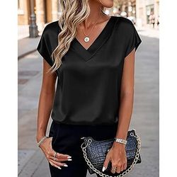 Per donna Camicia in raso Blusa Patchwork Semplice Elegante Vintage Manica Corta Scollo a V Top Regolari Quotidiano Ferie Uscire Nero Bianco Champagne Vino Estate Primavera Autunno