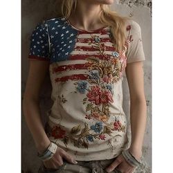 Giorno dell'Indipendenza Maglietta Patriottica Donne Grafica Bandiera Vintage Elegante Classico Maniche Corte Collo Rotondo V Collo Tops Regolari Quotidiani Stampa off-white Estate Primavera Autunno