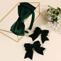 1 Large Velvet Bow Headband With 2 Hair Clips For Girls Vintage Solid Adjustable Hair Hoop Hairband Women Daily Hair Accessories
