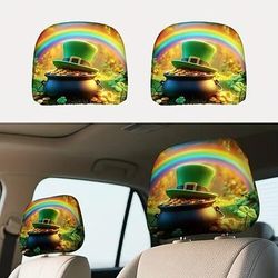 Copri poggiatesta per auto con trifoglio verde, 2 pezzi adatti a tutti i veicoli, neri stampa trifoglio verde, design piatto 2D, poliestere, facile da installare - accessori auto per il giorno di