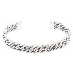 Classic Encounters,'Polished Sterling Silver Cuff Bracelet with Rope Details'