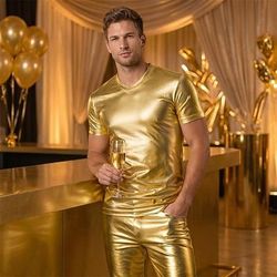 Retrò Vintage Anni '80 Metallico Lucido T-shirt Disco Tinta unica Girocollo Costume Per uomo Carnevale Club Performance Parata dell'Orgoglio Adulti Maglietta Estate