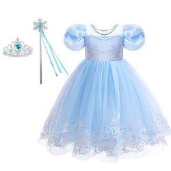 Settimana del libro 2026 per bambine, costumi da principessa Elsa Frozen, vestito tinta unita, manica corta, casual, festa, moda, carino, poliestere, estate, primavera, 4 anni, blu