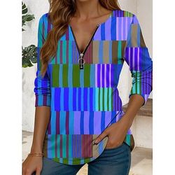 Per donna Maglietta Cerniera Stampato Grafico Geometrico Vintage Elegante Casual Manica Lunga Girocollo Top Regolari Quotidiano Blu Viola Arancione Verde Estate Primavera
