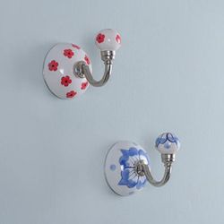 'Spring-Inspired Blue and Red Bloom 2-Piece Ceramic Hook Set'