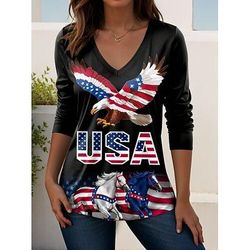 Giorno dell'Indipendenza Maglietta Patriottica da Donna Grafica Lettera Vintage Elegante Classico Manica Lunga V Collo Regolari Top Da Giorno Stampa Nera Primavera Autunno