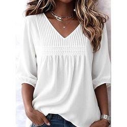 Per donna Camicia Camicie effetto lino Tinta unica Semplice Vintage Elegante Scollo a V Top Regolari Blu Bianco Rosa Viola chiaro Estate Primavera
