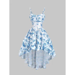 Robe bouffante taille haute, imprimé floral bleu et blanc, bretelles spaghetti, col en cœur
