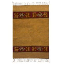 Four Suns,'Brown and Yellow Handwoven Zapotec Area Rug (4x6.5)'