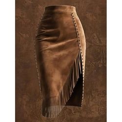 Per donna Gonna in finta pelle scamosciata Vintage Moda Casual Midi Vita media Gonne Semplice Frangia con nappe Inelastico Streetwear Uscire Marrone Estate