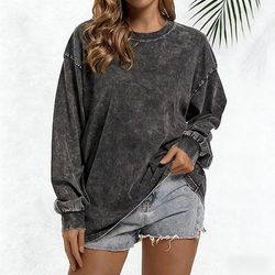 Per donna Taglia grande Maglietta 100% cotone Top lavati effetto vintage Vintage Elegante Casual Manica Lunga Girocollo Top Regolari Quotidiano Uscire Weekend Nero Avorio Verde militare Rosso rosa