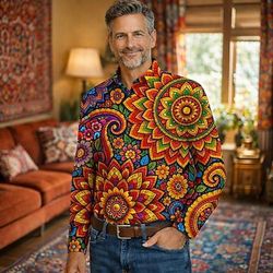 Retrò Vintage Anni '70 Camicia Camicia Aloha Lunghe Hippie Etnico Costume Per uomo Mascherata 4 Luglio Festival Musicale Feste Abbigliamento quotidiano Adulti Camicia