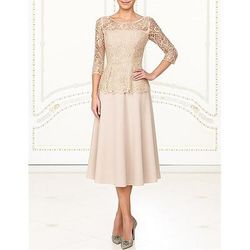 Abito da festa a lunghezza tè A-Line Abito da cocktail Abito per ospiti di matrimonio Abito per la madre della sposa Manica a 3/4 Collo rotondo Elegante Vintage Formale Pizzo con Pizzo