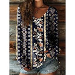 T-shirt Boho da donna Grafica Floreale Piante Vintage Elegante Casual Maniche Lunghe Collo a V Top Regolari Da Giorno Weekend Spiaggia Indossare Stampa Grigio Nero Beige Estate Primavera