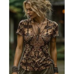 Per donna Maglietta Stampato Grafico Paisley Piante Bohemien Vintage Elegante Manica Corta Scollo a V Top Regolari Quotidiano Uscire Weekend Blu Nero Rosa Arancione Marrone Estate Primavera