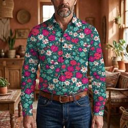Retrò Vintage Anni '70 Camicia Camicia Aloha Lunghe Hippie Floreale Costume Per uomo Mascherata Festival Musicale Feste Abbigliamento quotidiano Adulti Camicia