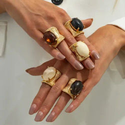 Fashion Exaggerated geometric metal stripe Imitation gemstone wide surface opening rings for women finger Jewelry Accessories
