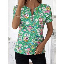 Pasqua Per donna Maglietta Zip a un quarto Floreale Grafico Piante Vintage Tropicale Hawaiano Manica Corta Girocollo Top Regolari Quotidiano Sportivo Uscire Blu Arancione Verde Estate Primavera