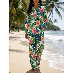 Per donna Set da due pezzi Set di Pantaloni Bolero Top Manica Lunga Colletto a Camicia Grafico Geometrico pianta Stampato Quotidiano Elegante Casuale Quotidiano Spiaggia Blu Bianco Arancione Estate