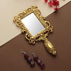 'Fantasy-Inspired Antiqued Golden-Toned Aluminum Hand Mirror'