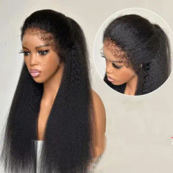 26Inch 180Density Soft Yaki Preplucked Natural Black Kinky Straight 13x4 Lace Front Wig Synthetic Baby Hair Glueless Daily